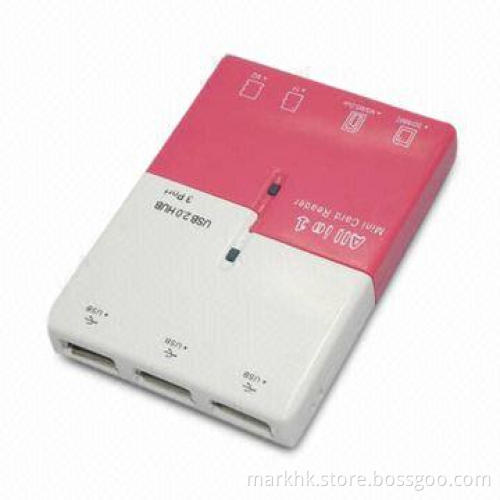 USB Hub + Card Reader with Four Slots, Plug-and-play Function, Compatible with USB1.1